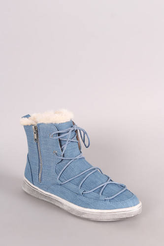 Double Side Zip Denim High Top Lace-Up Sneaker