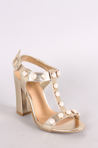 Bamboo Metallic Faux Pearl T-Strap Chunky Heel Bamboo Metallic Faux Pearl T-Strap Chunky Heel