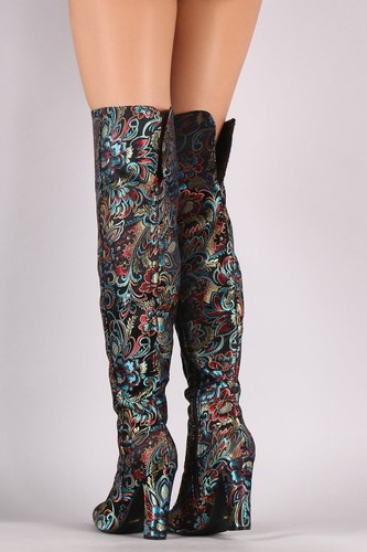 Bamboo Floral Brocade Pointy Toe Chunky Heeled OTK Boots Bamboo Floral Brocade Pointy Toe Chunky Heeled OTK Boots