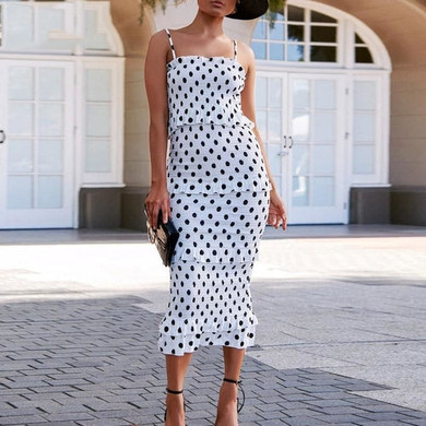 Elegant Polka Dot Ruffled Midi Dress Women Sexy Strap Ruched Party
