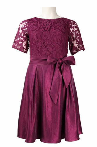 Adrianna Papell Crew Neck V-Back Zipper Back Bow Waist Lace Bodice