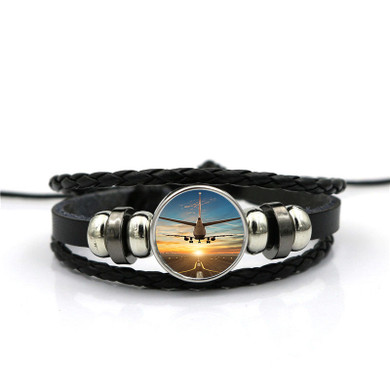 Airplane over Runway Towards the Sunrise Designed Leather Bracelets