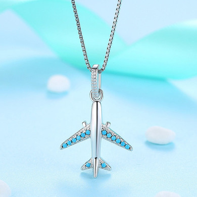 925 Sterling & "Blue" Crystal Silver Airplane Shape Necklace (Top Quality)