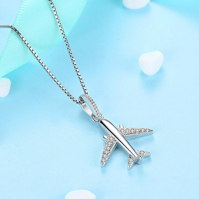 925 Sterling & Crystal Silver Airplane Shape Necklace (Top Quality)