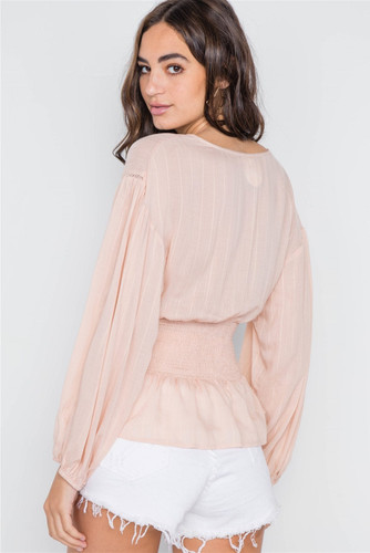 Blush Long Sleeve Lace Up Surplice Neck top