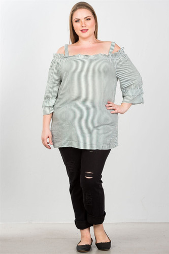 Ladies fashion plus size boho striped cold-shoulder top