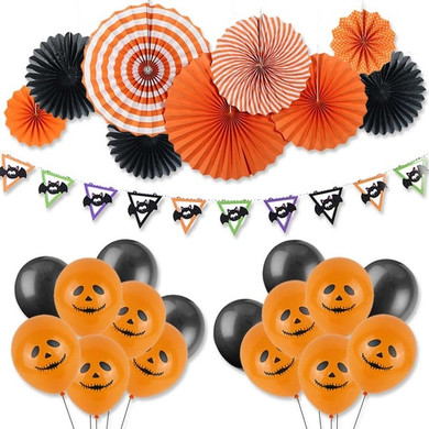 Black Orange Halloween Party Decoration Kit Spooky Skull Chandelier Party Bat Banner Latex Balloons Crepe Paper Festival Decor