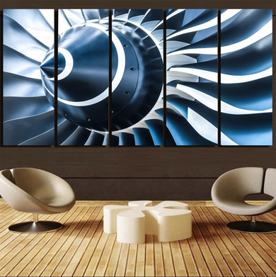 Blue Toned Super Jet Engine Blades Closeup Printed Canvas Prints (5 Pieces)