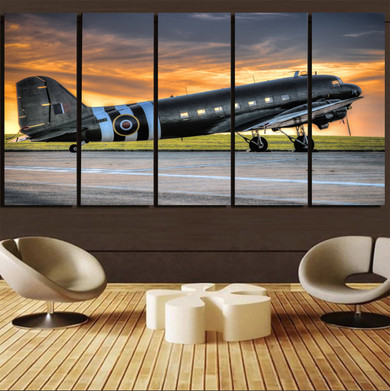 Old Airplane Parked During Sunset Printed Canvas Prints (5 Pieces)