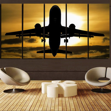 Departing Passenger Jet During Sunset Printed Canvas Prints (5 Pieces)