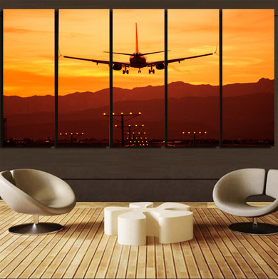 Landing Aircraft During Sunset Printed Canvas Prints (5 Pieces)