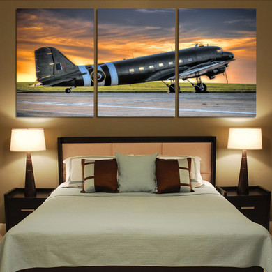 Old Airplane Parked During Sunset Printed Canvas Posters (3 Pieces)