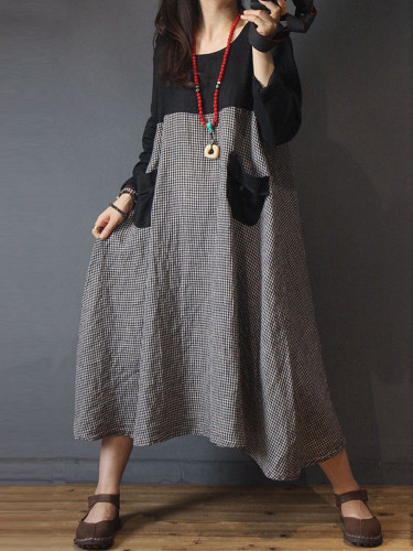 Women Long Sleeve Plaid Patchwork Vintage Shirt Dress
