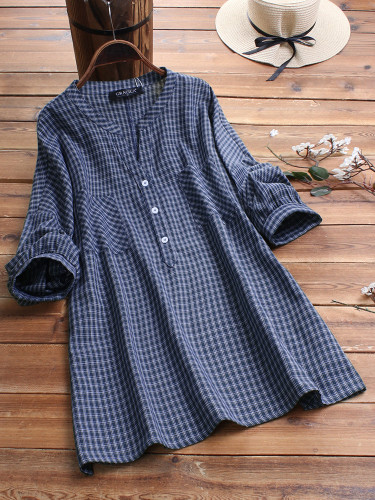 Women Casual Long Sleeve Plaid Button Blouse