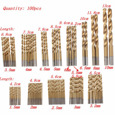 Drillpro 100pcs 1.5mm - 10mm Titanium Coated Drill Bit Set High Speed Steel Manual Twist Drill Bits