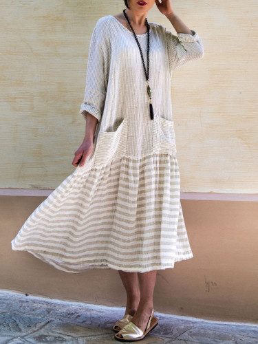 Women Stripe Patchwork Loose Casual Maxi Dress