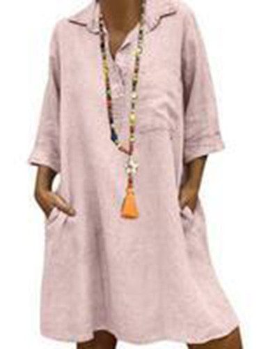 Women Solid Color Turn Down Collar Half Sleeve Dress