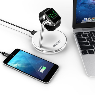 CHOETECH 2 in 1 Wireless Charging Station Dual USB Wireless Charger with 600mAh for iwatch for Samsung Galaxy Note S20 ultra Huawei Mate40 OnePlus 8 Pro for iPhone 12 Pro Max (BLack)