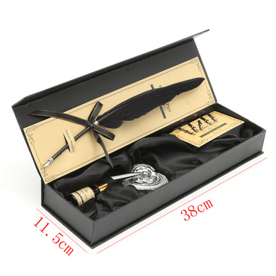 Vintage Black Goose Feather Quill Pen Metal Nibs Dip Writing Ink Set Collectable