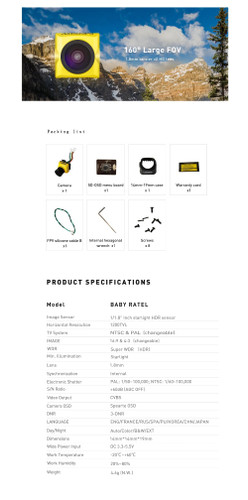 Caddx Baby Ratel FPV Camera 1200TVL 1/1.8'' Starlight HDR Sensor 0.0001 LUX Super Night Version with OSD 4.6g Ultra Light for FPV Racing Drone RC Plane