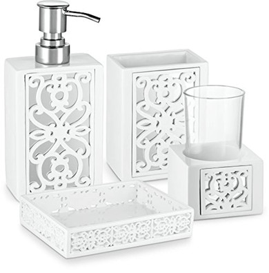 DWELLZA Mirror Janette Bathroom Accessories Set, 4 Piece Bath Ensemble, Bath Set Collection Features Soap Dispenser Pump, Toothbrush Holder, Tumbler, Soap Dish- White