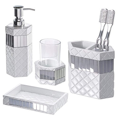 Creative Scents Quilted Mirror Bathroom Accessories Set, 4-Piece, Includes Soap Dispenser, Toothbrush Holder, Tumbler & Soap Dish, Gift Package, Finished in White And Silver Mirrored Accents Creative Scents Quilted Mirror Bathroom Accessories Set, 4-Piece, Includes Soap Dispenser, Toothbrush Holder, Tumbler & Soap Dish, Gift Package, Finished in White And Silver Mirrored Accents