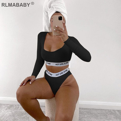 Print Letter Two Piece Set O Neck Long Sleeve Cropped Tshirts High Waist Short Sexy Outfit Set Fashion Elastic Women 2 Piece Set
