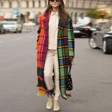 Causal Plaid Autumn Women Trench Coat Tassel Elegant Long Sleeve Coat Plaid Long Coat Windbreaker