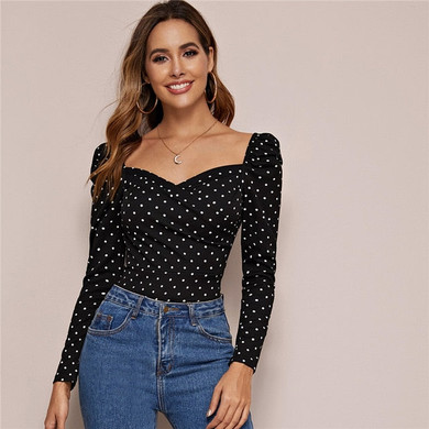 COLROVIE Black Sweetheart Neck Gigot Sleeve Polka-dot Top Women Slim Fit Casual Tees 2019 Fall Elegant Long Sleeve Pullover Tops