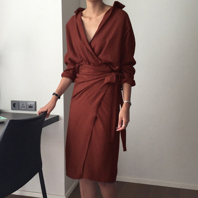 [EAM] 2019 New Autumn Winter V-Neck Long Sleeve Waist Bandage Loose Big Size Temperament Dress Women Fashion Tide JU356