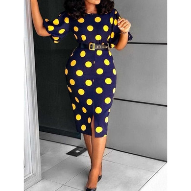 Women Midi Dresses Elegant Blue Office Lady Plus Size Bodycon High Waist Polka Dots Print Split Summer Female Fashion Dress