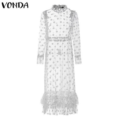 VONDA 2019 Sexy Sheer Net Mesh Tunic Beach Cover Up Cover-ups Long Beach Dress Beach Wear Beachwear Female Women Plus Size