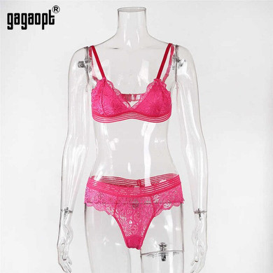 Gagaopt Women Lingerie Sets Sexy Solid Transparent Floral Lace Bra Fashion See Through Patchwork Briefs