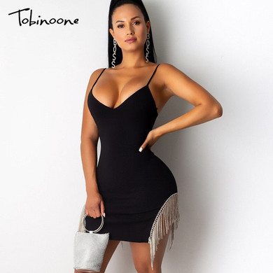 Tobinoone Sexy Autumn Dress Women Tassel Sequins Bandage Dress Elegant Deep V Neck Nightclub Party Dresses Vestidos 2019 New