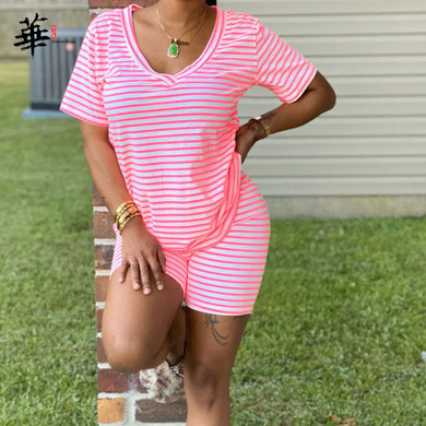 Striped Print Tshirt Shorts Cotton Two Piece Set Women Lounge Wear Short Sleeve Outfits for Women 2 Piece Sets Womens Outfiits