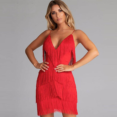 Feditch Tassel V Neck Sexy Dress Women Spaghetti Strap Sleeveless Summer White Black Party Dress Elegant Club Vestidos Paysuits