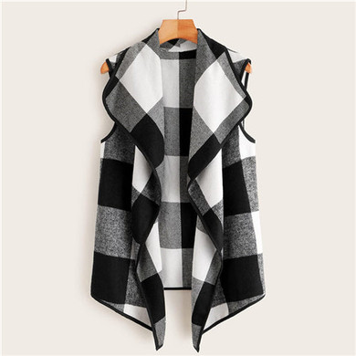 SHEIN Multicolor Waterfall Collar Gingham Vest Coat Women Outwear 2019 Autumn Sleeveless Open Front Office Laidies Casual Coats