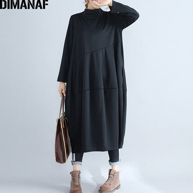 DIMANAF Women Long Dresses Turtleneck Cotton Ladies Elegant Vestidos Plus Size Female Clothes Pleated Loose 2019 Autumn Winter