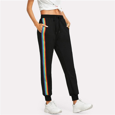 SweatyRocks Rainbow Striped Side Sweatpants Black Drawstring Waist Loose Sporting Pants Women Summer Mid Waist Trousers