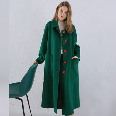 YOYOCATHY Green Double Side Wool Woman Coat Winter  Doll Collar Outerwear Loose Elegant Big Pocket Fashion 100% Wool Overcoats