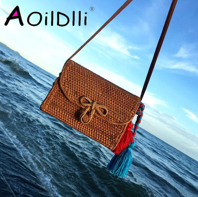 Bali Bohemia Beach Circle Bag Island Hand Woven Bag Square  buckle Rattan Straw Bags Satchel Wind  bag