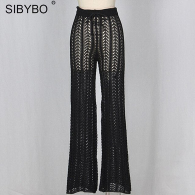 Sibybo Hollow Out Knitted High Waist Sexy Pants Women Fashion Crochet Loose Autumn Trousers Women Cotton Casual Ladies Pants Sibybo Hollow Out Knitted High Waist Sexy Pants Women Fashion Crochet Loose Autumn Trousers Women Cotton Casual Ladies Pants