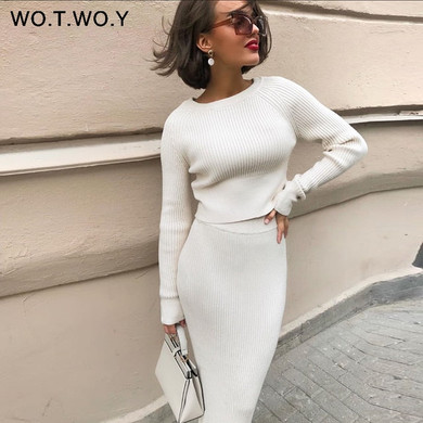 WOTWOY Knitted Sweater and Skirt Two Piece Set Women Autumn Slim Fit Crop Tops Women Sweater Skirts 2 Piece Sets Womens Outfits WOTWOY Knitted Sweater and Skirt Two Piece Set Women Autumn Slim Fit Crop Tops Women Sweater Skirts 2 Piece Sets Womens Outfits