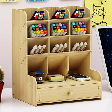 Wooden Pen holder Fashion Desktop Multifunctional Receiving Box  with drawer Office Pen Pencil Organizer Desk Organizer Storage