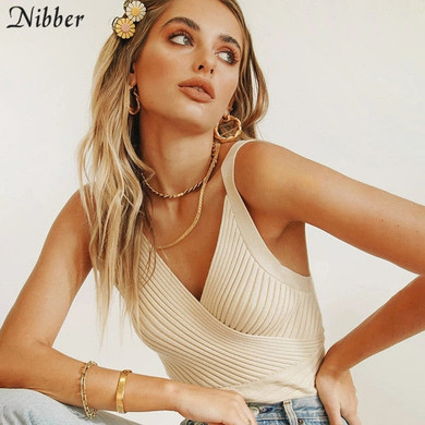 Nibber simple ribbed knitted Ladies camisole vogue Solid V Neck backless Crop Top Womens street Casual Bodycon activity tank top