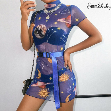 Sexy Women Short Sleeve Mesh Sheer See Through Dress Sun Moon Print Bodycon Dress Turtleneck Evening Party Clubwear Mini Dress Sexy Women Short Sleeve Mesh Sheer See Through Dress Sun Moon Print Bodycon Dress Turtleneck Evening Party Clubwear Mini Dress