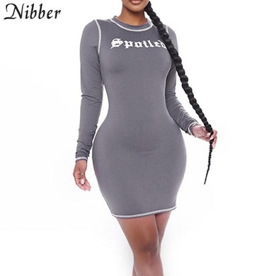 Nibber Fashion Gothic Letter Print Long Sleeve Patchwork Slim Dress Women Autumn Clothing Casual Solid Skinny Mini Dress Mujer