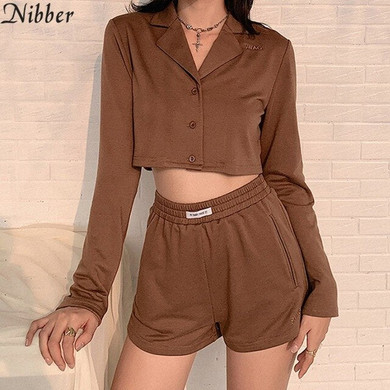 Nibber Cotton Embroidery Autumn Casual Outfit Woman Solid Crop Top Shorts Matching Soft 2piece Female Loose Activity Streetwear