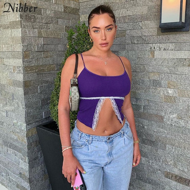 Nibber Chic Patchwork Lace Y2k Top Camisole Sexy Front Split Club Tank Tops 2020 Bodycon Sleeveless Street Crop Tops Woman New