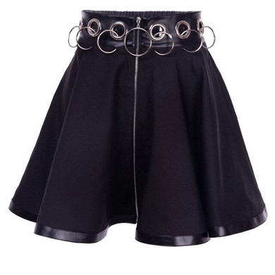 Women A-line Gothic Pleated Skirt Summer Sexy Hoop Hollow Out Goth Black Iron Ring Female Mini Short Punk Style Skirts Casual